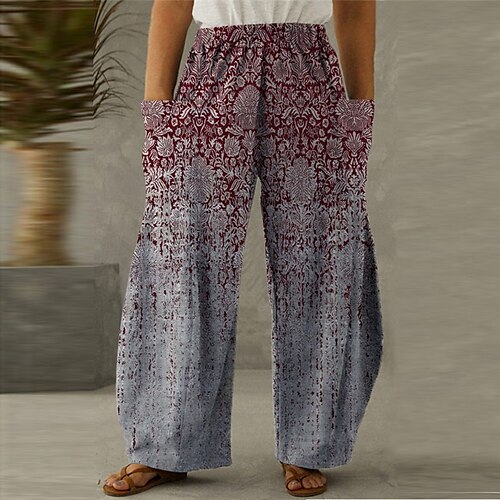 

Women's Plus Size Wide Leg Pants Trousers Pocket Print Flower Vintage Ethnic Outdoor Daily High Full Length Winter Fall Red XL XXL 3XL 4XL 5XL