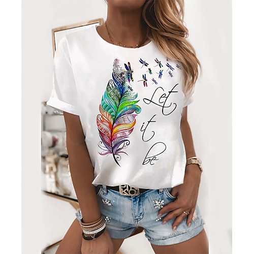 

Women's T shirt Tee Pink Yellow White Text Feather Print Short Sleeve Casual Weekend Basic Round Neck Regular Painting S