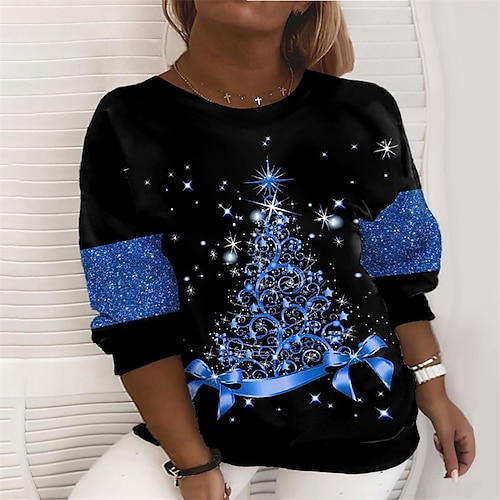 

Women's Plus Size Christmas Tops Pullover Sweatshirt Polka Dot Tree Print Long Sleeve Crew Neck Casual Holiday Festival Daily Polyester Winter Fall Green Black / Vacation / Weekend