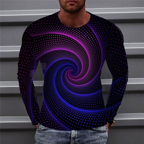 

Men's T shirt Tee Geometric Optical Illusion Graphic Prints Crew Neck Blue Purple Yellow Light Blue Gray 3D Print Outdoor Street Long Sleeve Print Clothing Apparel Basic Sports Designer Casual