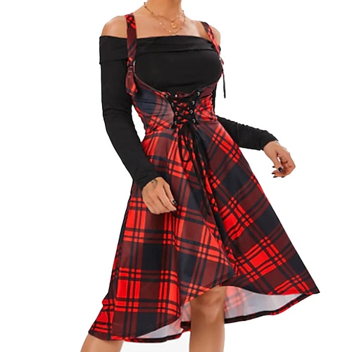 

kvinders swingkjole plaid kjole vintage kjole midikjole grøn lilla rød langærmet plaid print vinter efterår efterår off shoulder mode daglig date 2022 s m l xl xxl 3xl