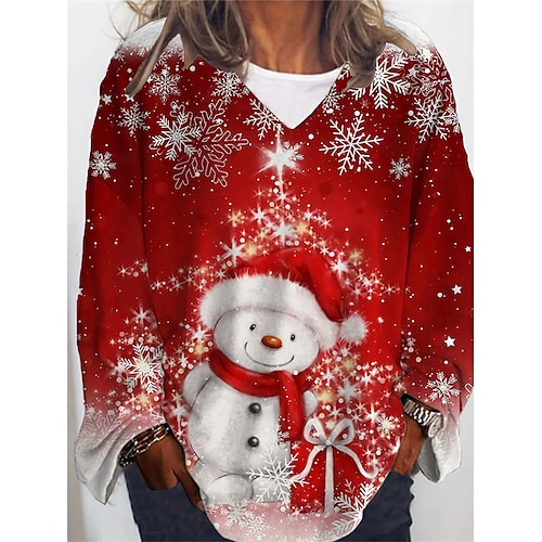 

Women's Plus Size Christmas Tops T shirt Tee Santa Claus Snowman Print Long Sleeve V Neck Casual Festival Daily Cotton Spandex Jersey Winter Fall Purple Wine
