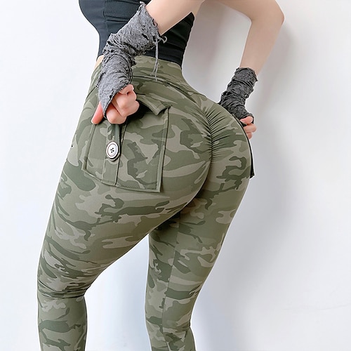 

Women's Leggings Stretchy Cargo Texture with Pockets Ruched Tummy Control Butt Lift Quick Dry High Waist Yoga Fitness Gym Workout Cropped Leggings Bottoms Camouflage Sports Activewear High Elasticity