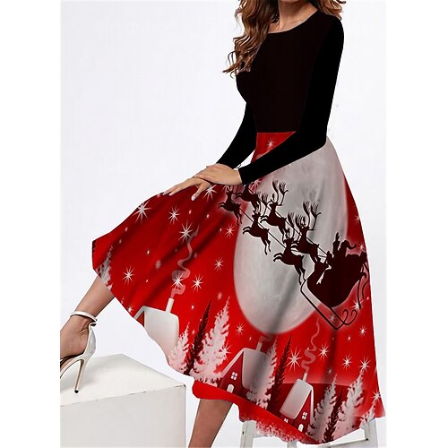 

Women's Casual Dress Swing Dress Midi Dress Wine Long Sleeve Moon Pocket Winter Fall Autumn Round Neck Fashion Christmas Daily Weekend 2022 S M L XL XXL 3XL