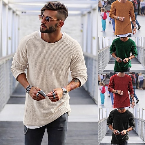 

Men's Sweater Pullover Knit Regular Solid Colored Crew Neck Sweaters Daily Clothing Apparel Raglan Sleeves Winter Green Black M L XL