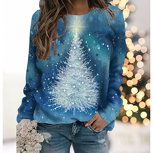 

Women's Sweatshirt Pullover Streetwear Blue Red Christmas Tree Christmas Round Neck Long Sleeve S M L XL 2XL 3XL