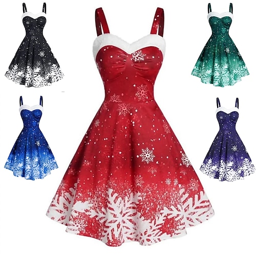 

женское красное рождественское праздничное платье свинг-платье платье-комбинация зеленый синий фиолетовый красный черный без рукавов снежинка холодный принт на плечах зима осень спагетти ремень