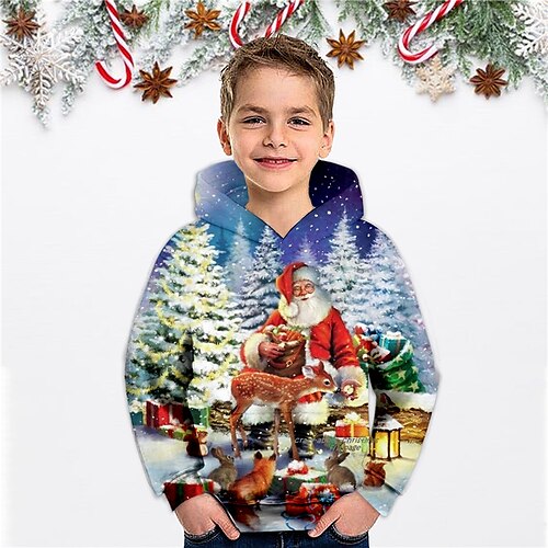 

Kids Boys Christmas Hoodie Pullover Santa Claus Long Sleeve Pocket Children Top Christmas Gifts 3D Print Hoodie Cute Daily Blue Winter 3-12 Years
