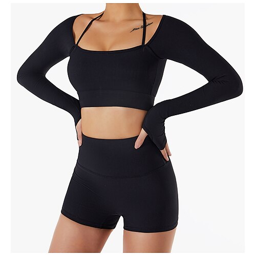 

Women's Yoga Set 2 Piece with Thumbhole Solid Color Clothing Suit Black Dark Navy Spandex Yoga Fitness Gym Workout Tummy Control Butt Lift Breathable Long Sleeve Sport Activewear Stretchy