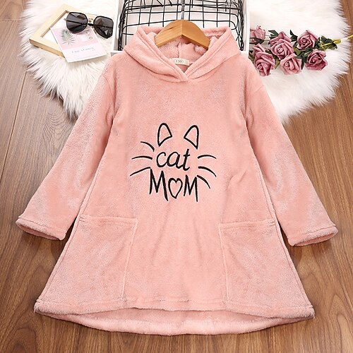 

Kids Girls' Dress Cartoon A Line Dress Above Knee Dress Casual Crew Neck Long Sleeve Casual Dress 4-12 Years Winter Pink