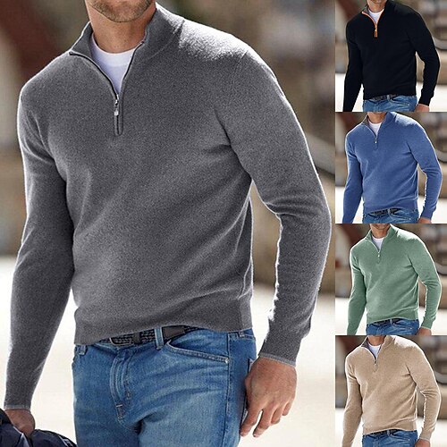 

Men's Sweater Wool Sweater Pullover Sweater Jumper Ribbed Knit Cropped Zipper Knitted Solid Color Stand Collar Basic Stylish Outdoor Daily Clothing Apparel Winter Fall Green Black M L XL