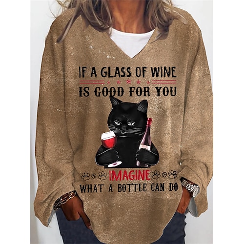 

Mulheres Camiseta Caqui Animal Gato Imprimir Manga Longa Diário Para Noite Ativo Vintage Roupa de rua Decote V Padrão Tamanho Grande XL