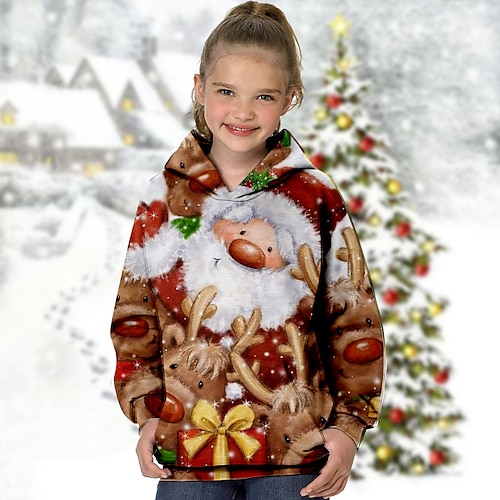 

Kids Girls' Ugly Christmas Hoodie Long Sleeve Animal Elk Pocket Brown Children Tops Winter Fall Vacation Cute Christmas Gifts Casual Christmas Regular Fit 7-13 Years