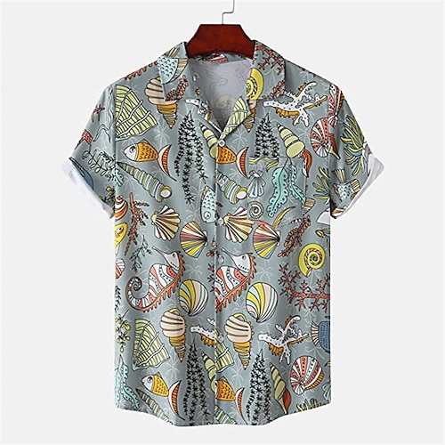 

Men's Shirt Graphic Prints Leaves Conch Turndown Black Blue Yellow Rainbow Gray 3D Print Outdoor Street Short Sleeves Button-Down Print Clothing Apparel Tropical Designer Casual Hawaiian