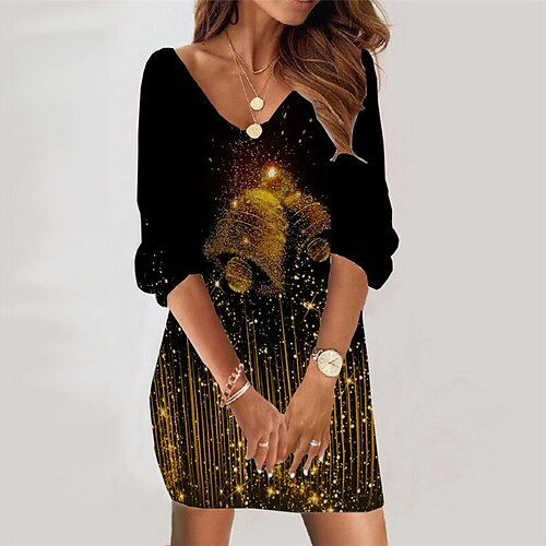

Women's Sweatshirt Dress Shift Dress Sweat Dress Mini Dress Black 3/4 Length Sleeve Stars and Stripes Print Winter Fall Spring V Neck Fashion Christmas Daily 2022 S M L XL XXL 3XL