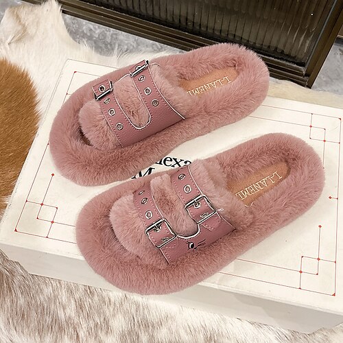 

Women's Slippers Home Fuzzy Slippers Fluffy Slippers Winter Flat Heel Open Toe Polyester Loafer Black Rosy Pink Khaki