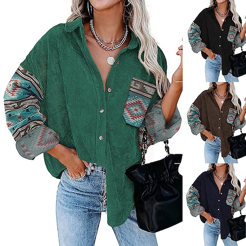 

Women's Blouse Patchwork Printed Classic Retro Shirt Collar Regular Spring & Fall Darkblue Green Black Brown