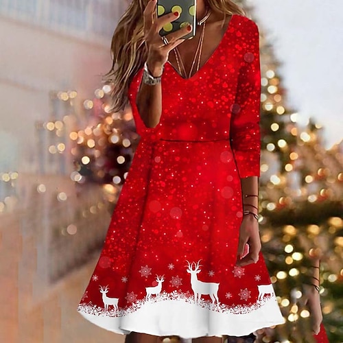 

Women's Christmas Swing Dress Vintage Dress Mini Dress Wine Light Red Dark Blue Long Sleeve Deer Patchwork Winter Fall Autumn V Neck Vacation 2022 S M L XL XXL 3XL 4XL 5XL 6XL