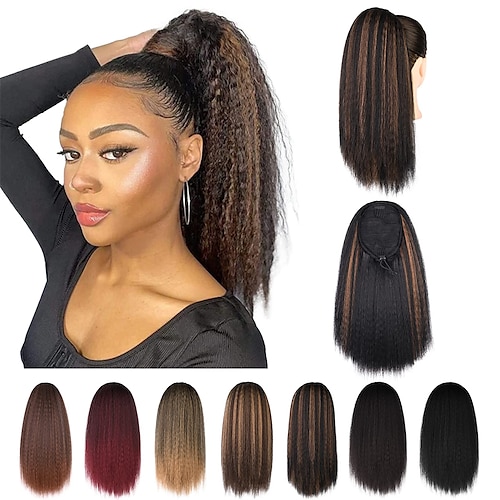 

Yaki Drawstring Ponytail Extension Short Kinky Straight Fluffy Thick Hair Extensions Ponytail Synthetic Clip in Pony Tail Hairpiece 16 Inch Black Brown