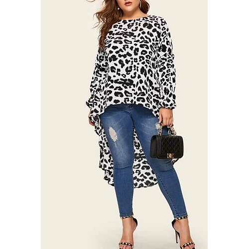 

Women's Plus Size Tops Tunic Shirts Leopard Print Long Sleeve Crew Neck Fashion Casual Daily Vacation Polyester Winter Fall Black And White