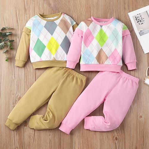 

2 Pieces Toddler Girls' Plaid Sweatshirt & Pants Set Long Sleeve Active Outdoor 3-7 Years Winter Pink Yellow