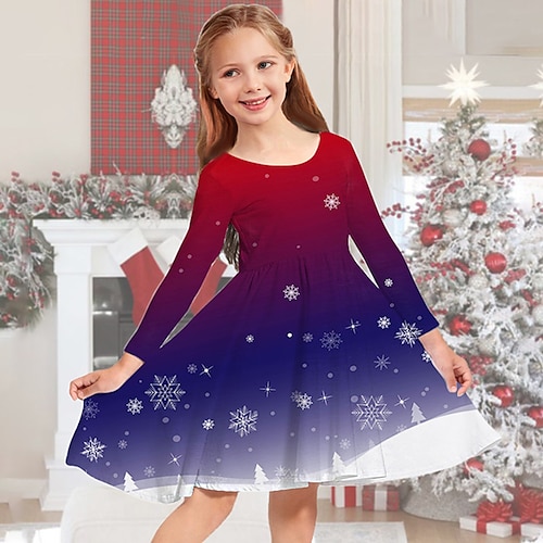 

Kids Girls' Christmas Dress Gradient Snowflake Casual Dress Christmas Gifts Casual Crewneck Blue Above Knee Long Sleeve Adorable Daily Dresses Christmas Winter Fall Regular Fit 2-13 Years