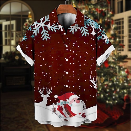 

Men's Shirt Santa Claus Graphic Prints Snowflake Turndown Green Wine 3D Print Christmas Street Short Sleeves Button-Down Print Clothing Apparel Fashion Designer Lightweight Casual