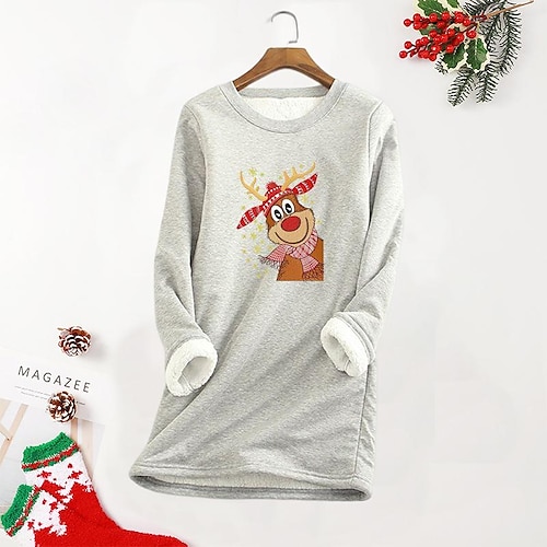 

Women's Plus Size Christmas Fleece Tops Pullover Sweatshirt Deer Santa Claus Print Long Sleeve Casual Daily Polyester Winter Fall Green Wine