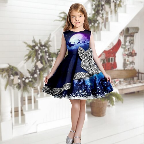 

Kids Girls' Christmas Dress Santa Claus Swing Dress Knee-length Dress Christmas Gifts Ruffle Crew Neck Sleeveless Elegant Dress 2-13 Years Winter Purple
