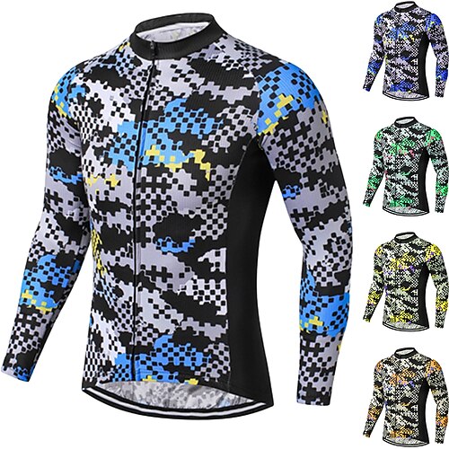 

21Grams Men's Cycling Jersey Long Sleeve Bike Jersey Top with 3 Rear Pockets Mountain Bike MTB Road Bike Cycling Breathable Quick Dry Moisture Wicking Reflective Strips Green Yellow Dark Blue Camo
