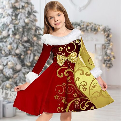 

Kids Girls' Christmas Dress Floral Casual Dress Above Knee Dress Christmas Gifts Fur Trim Crew Neck Long Sleeve Adorable Dress 2-13 Years Winter Wine