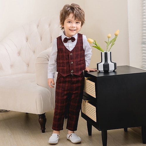 

4 deler Baby Gutt Dress og blazer Skjorte og bukse Antrekk Ruter Langermet Sett utendørs Grunnleggende Kul Vinter Høst 3-7 år Vinrød