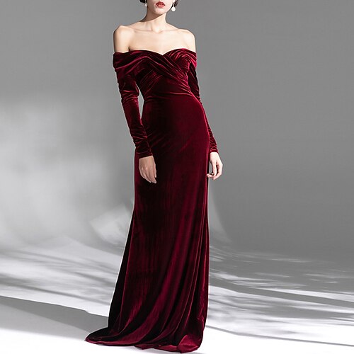 

Mermaid / Trumpet Evening Gown Sexy Dress Formal Sweep / Brush Train Long Sleeve Off Shoulder Velvet with Ruched 2022