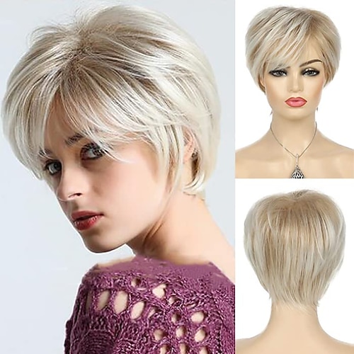 

Synthetic Wig Natural Straight Short Bob Wig 8 inch Bleached Blonde Synthetic Hair 8-9 inch Women's Color Gradient Comfy Fluffy Blonde Mixed Color