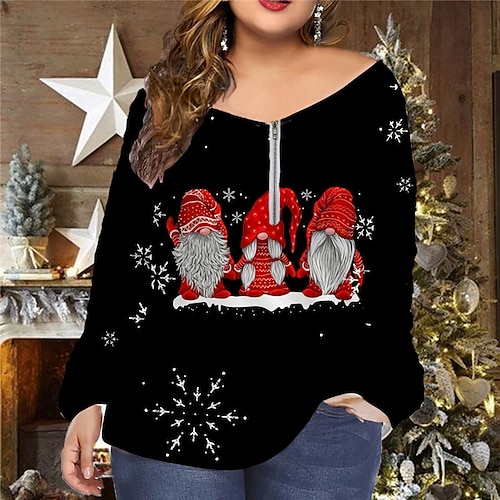 

Women's Plus Size Christmas Tops T shirt Tee Santa Claus Christmas Tree Zipper Print Long Sleeve V Neck Casual Festival Daily Cotton Spandex Jersey Winter Fall Black Wine