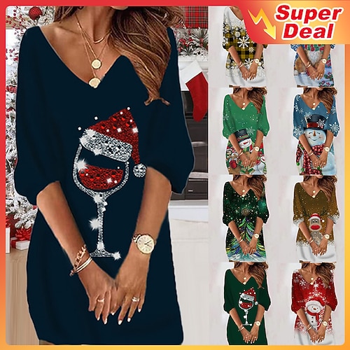 

Women's Christmas Casual Dress Shift Dress Midi Dress Black And White Light Yellow Black and white stripes Green Black Blue Gold Yellow Light Green Wine 3/4 Length Sleeve hat Print Fall Spring V Neck
