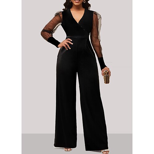 

Women's Jumpsuit Mesh Solid Color V Neck Active Going out Weekend Straight Regular Fit Long Sleeve Black S M L Winter