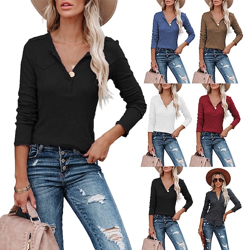 

Women's Blouse T shirt Tee Patchwork Button Solid / Plain Color Classic V Neck Regular Spring & Fall Black Blue Dark Gray Red Brown