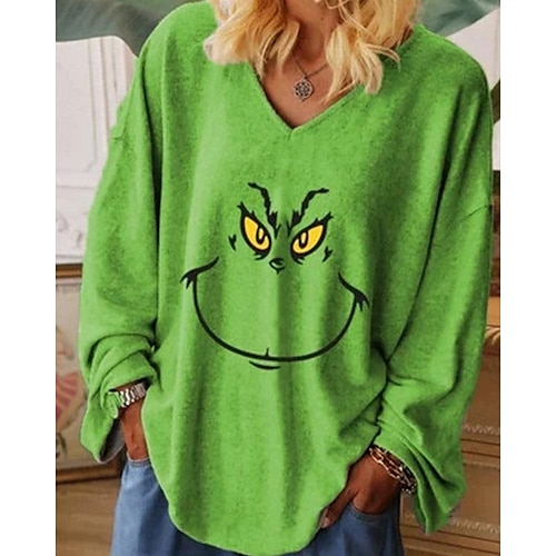 

Women's Plus Size Tops T shirt Tee Cartoon Print Long Sleeve V Neck Casual Festival Christmas Daily Cotton Spandex Jersey Winter Fall Green