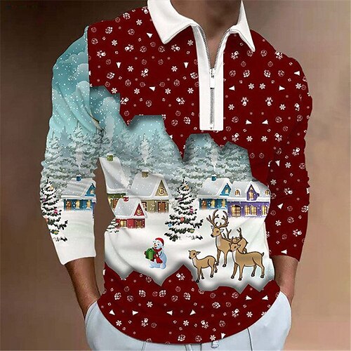 

Men's Collar Polo Shirt Golf Shirt Elk Graphic Prints Snowflake Turndown Wine 3D Print Christmas Street Long Sleeve Zipper Print Clothing Apparel Fashion Designer Casual Soft