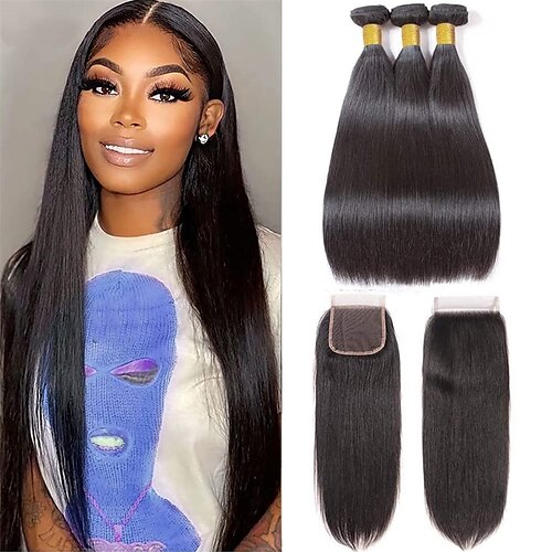 

10A Human Hair Bundles with Closure (14 16 1812 Inch) Brazilian Straight Hair Bundles with Closure 100% Unprocessed Virgin Remy Straight Human Hair Weave 3 Bundles with Lace Closure 4x4 Free Part