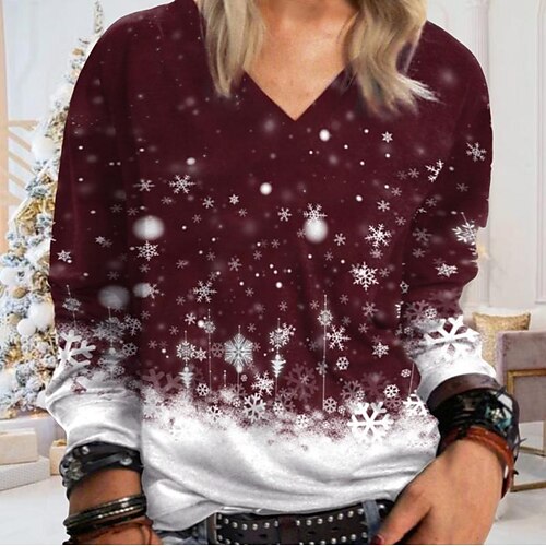 

Women's Plus Size Christmas Tops Blouse Shirt Sunflower Snowflake Print Long Sleeve V Neck Casual Daily Polyester Winter Fall Red