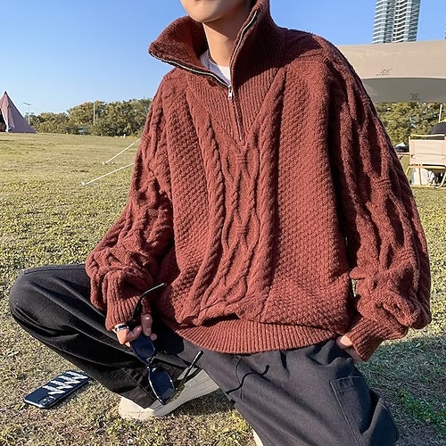 

Men's Pullover Sweater Zip Sweater Cable Knit Zipper Knitted Pure Color Half Zip Stylish Keep Warm Daily Wear Vacation Clothing Apparel Winter Fall Black Coffee M L XL