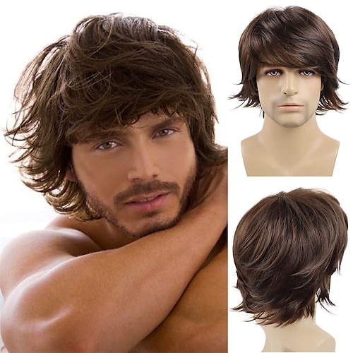 

Short Brown Wig for Mens Layered Natural Looking 80s 70s Synthetic Heat Resistant Cosplay Wig Male Costume