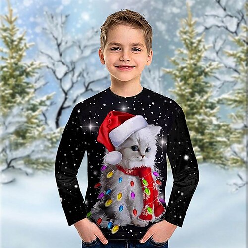 

Toddler Boys Ugly Christmas T shirt Tee Animal Cat Long Sleeve Crewneck Children Top Casual 3D Print Cute Daily Winter Fall Black 7-13 Years