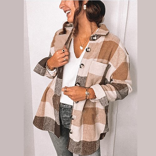 

Women's Shacket Black Khaki Red Plaid Button Print Long Sleeve Casual Basic Shirt Collar Regular S