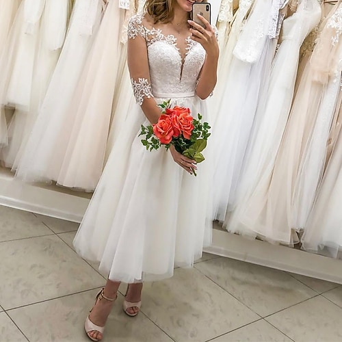 

A-Line Wedding Dresses V Neck Tea Length Lace Tulle Half Sleeve Romantic Simple with Appliques 2022