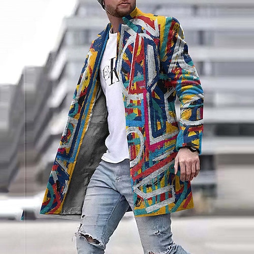 

Men's Coat With Pockets Daily Wear Vacation Going out Single Breasted Turndown Streetwear Sport Casual Jacket Outerwear Graphic Gradient Ramp Front Pocket Print Black Green Rainbow