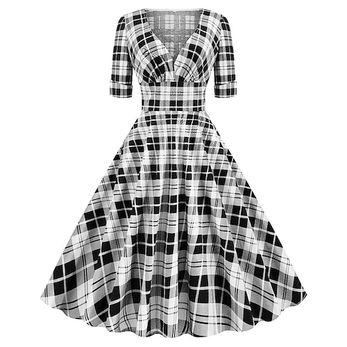 

Women's Christmas Swing Dress Midi Dress Black Blue Red Short Sleeve Plaid Print Winter Fall Autumn V Neck 2022 S M L XL 2XL