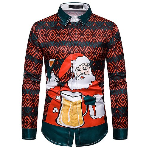 

Men's Shirt Santa Claus Graphic Prints Geometry Turndown Red 3D Print Christmas Street Long Sleeve Button-Down Print Clothing Apparel Fashion Designer Casual Soft